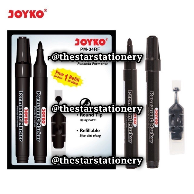

(1 Set) GROSIR Permanent Marker Joyko PM-34RF Hitam Free Refill