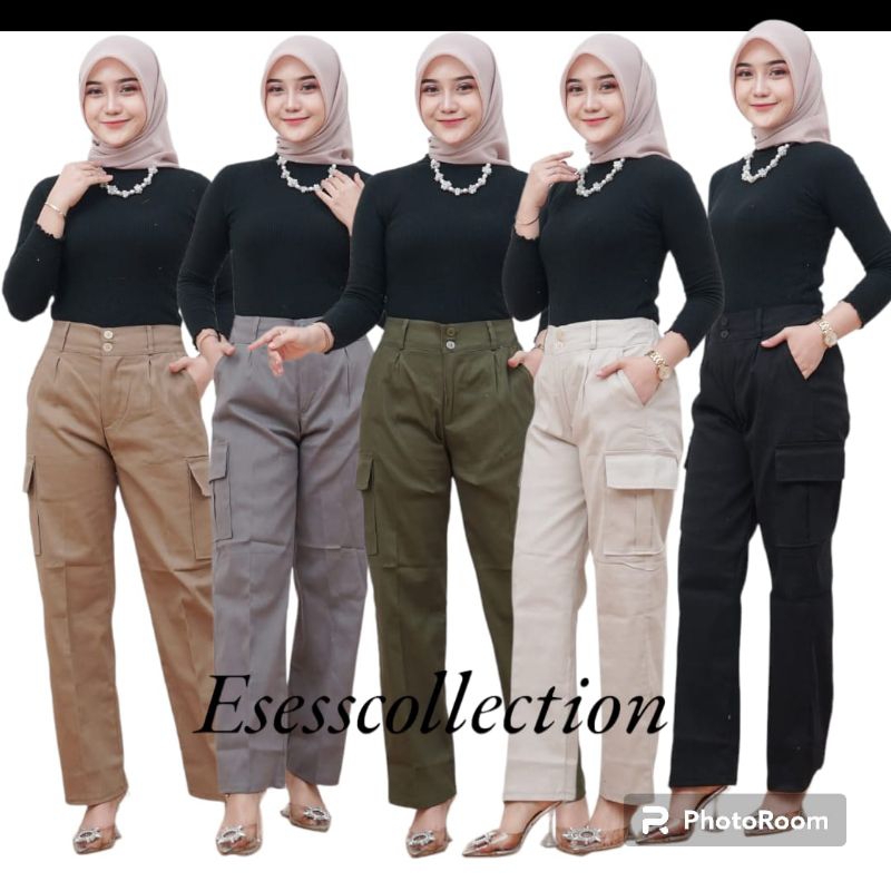 Celana kulot Cargo Wanita Highwaist Kancing Resleting Celana cargo wanita jumbo cotton Stretch