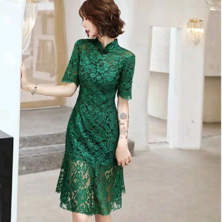 0935 Baju minidress CNY LACE BROKAT BRUKAT CHEONGSAM MINI DRESS hijau maroon dres Korea Korean style