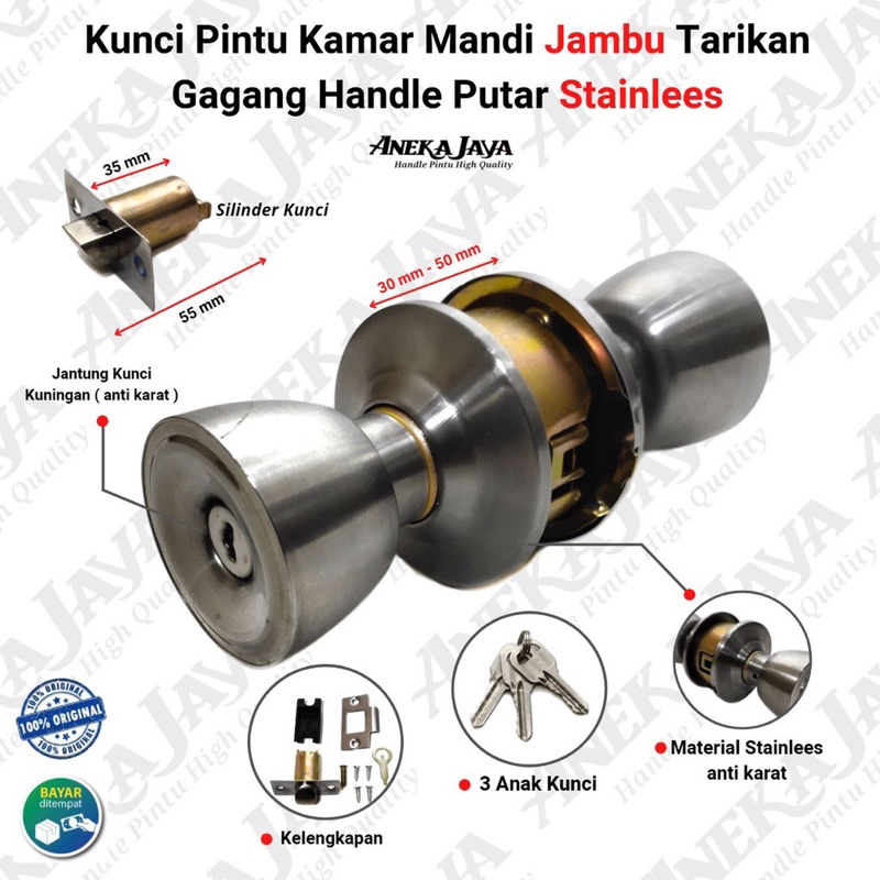Kunci Pintu Bulat Stainless Nichie Anti Karat untuk Pintu Kamar Mandi