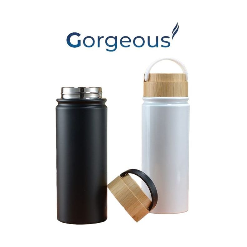 GORGEOUS TERMOS MINUM TUTUP BAMBU STAINLESS STEEL DOUBLE WALL 500ML