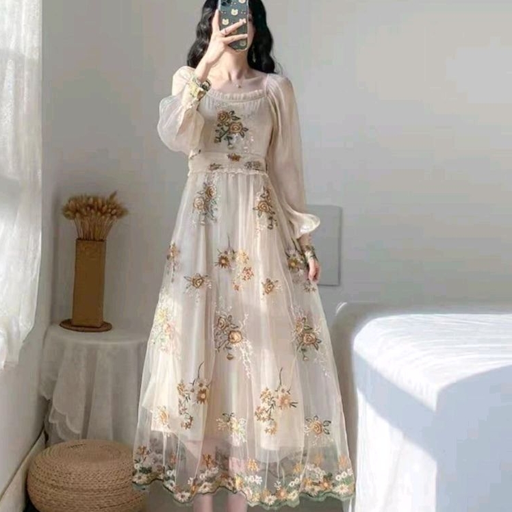 96630 Baju Maxidress longdress EMBROIDERY TILE BORDIR MAXI DRESS motif bunga dres Korea Korean style
