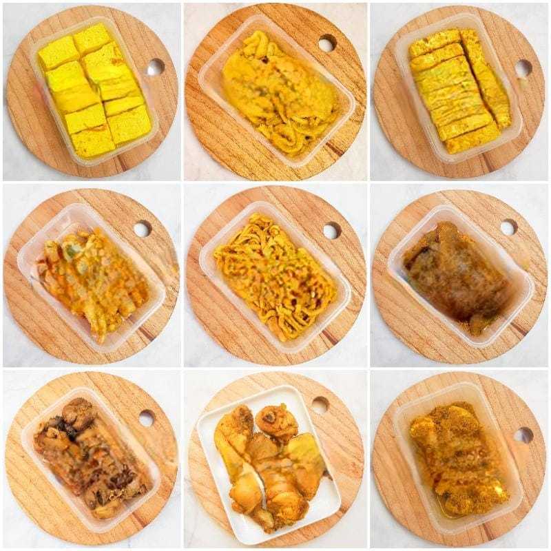 

aneka lauk ungkep siap masak / ayam ungkep bumbu kuning / tempe ungkep bumbu kuning / tempe bacem / tahu ungkep bumbu kuning / tahu bacem / usus ungkep bumbu kuning / ceker ungkep / ati ampela ungkep / kulit ayam ungkep