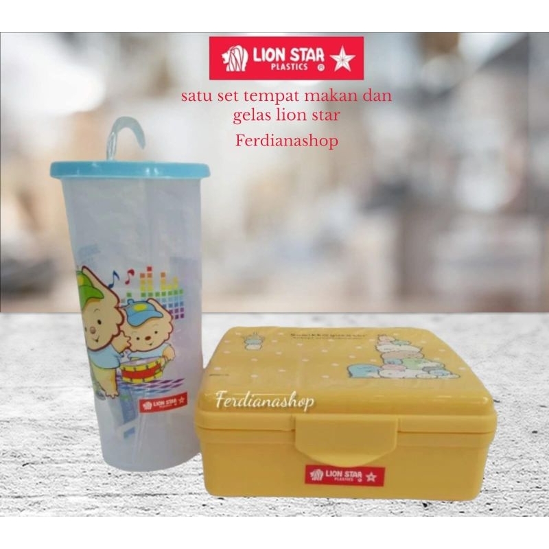 Lunch box tempat makan dan gelas plastik lion star/tempat makan satu set