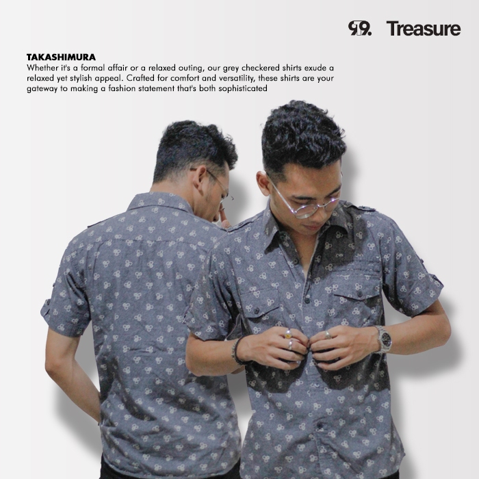 TAKASHIMURA Kemeja Pattern Pria Abu-abu Size M