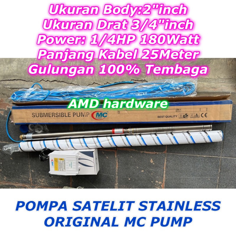 MESIN POMPA SATELIT 2 inch CELUP AIR SUMUR STAINLESS 1/4HP + Kabel 25 Meter Merk MC PUMP NASIONAL JE