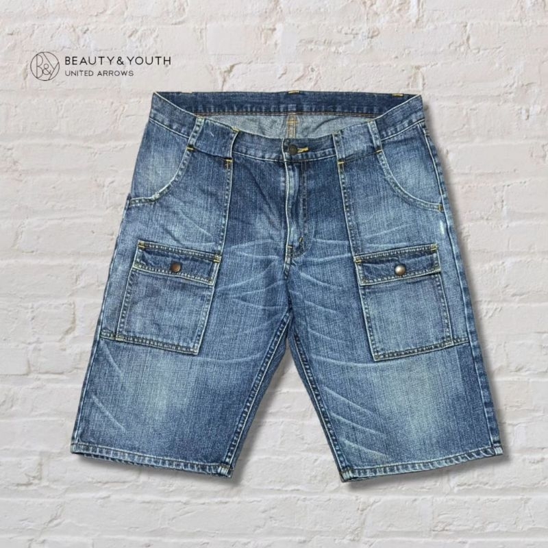 Celana Pendek Jeans Cargo Beauty and Youth United Arrows Blue Washed Original Second Preloved