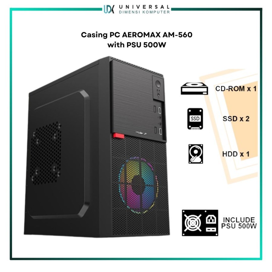 Casing Gaming PC 3 Power Up AEROMAX AM-560 with PSU 500W m-ATX Case