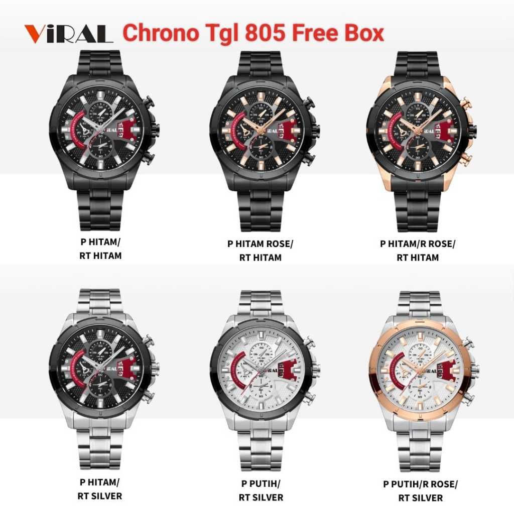 JAM TANGAN PRIA ORIGINAL MERK VIRAL 805 SUDAH TAHAN AIR CHRONO AKTIF RANTAI STAINLESS STEEL PLUS BOX