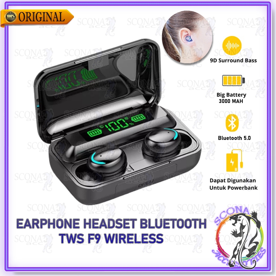 HEADSET BLUETOOTH TWS F9 V5.1 + POWERBANK LED TRUE WIRELESS EARPHONE