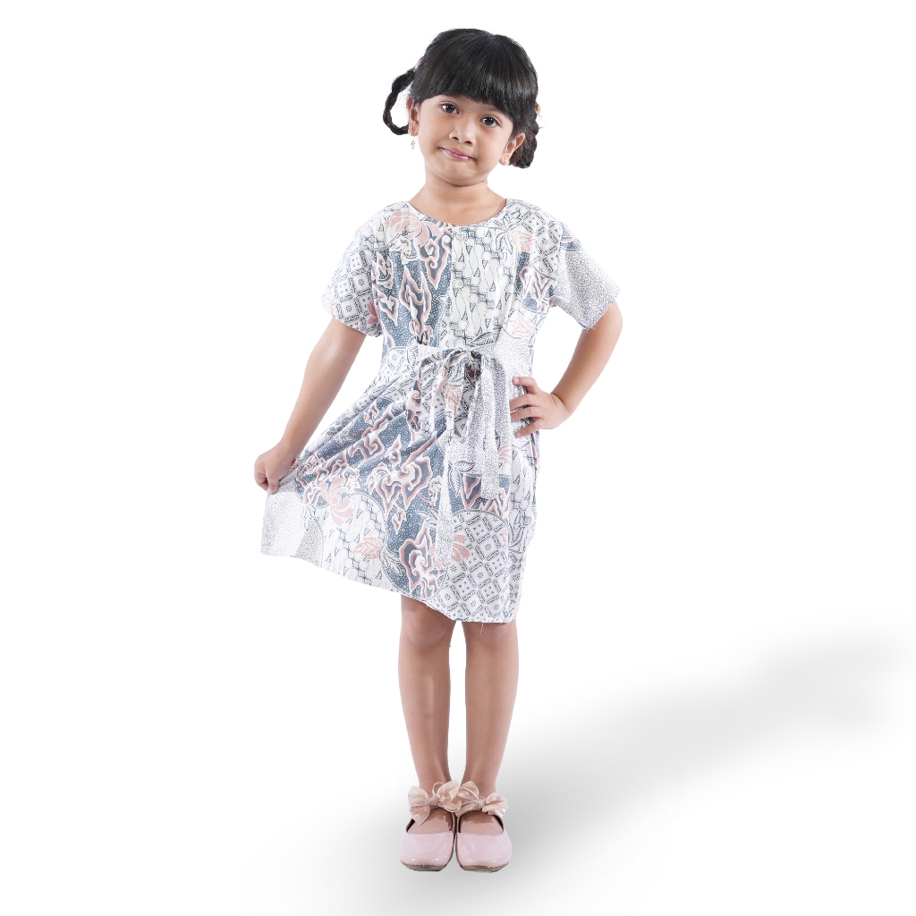 BATIK TRUSMI Dress Batik Anak Perempuan Motif Batik Mega Mendung Kombinasi Pastel BNA