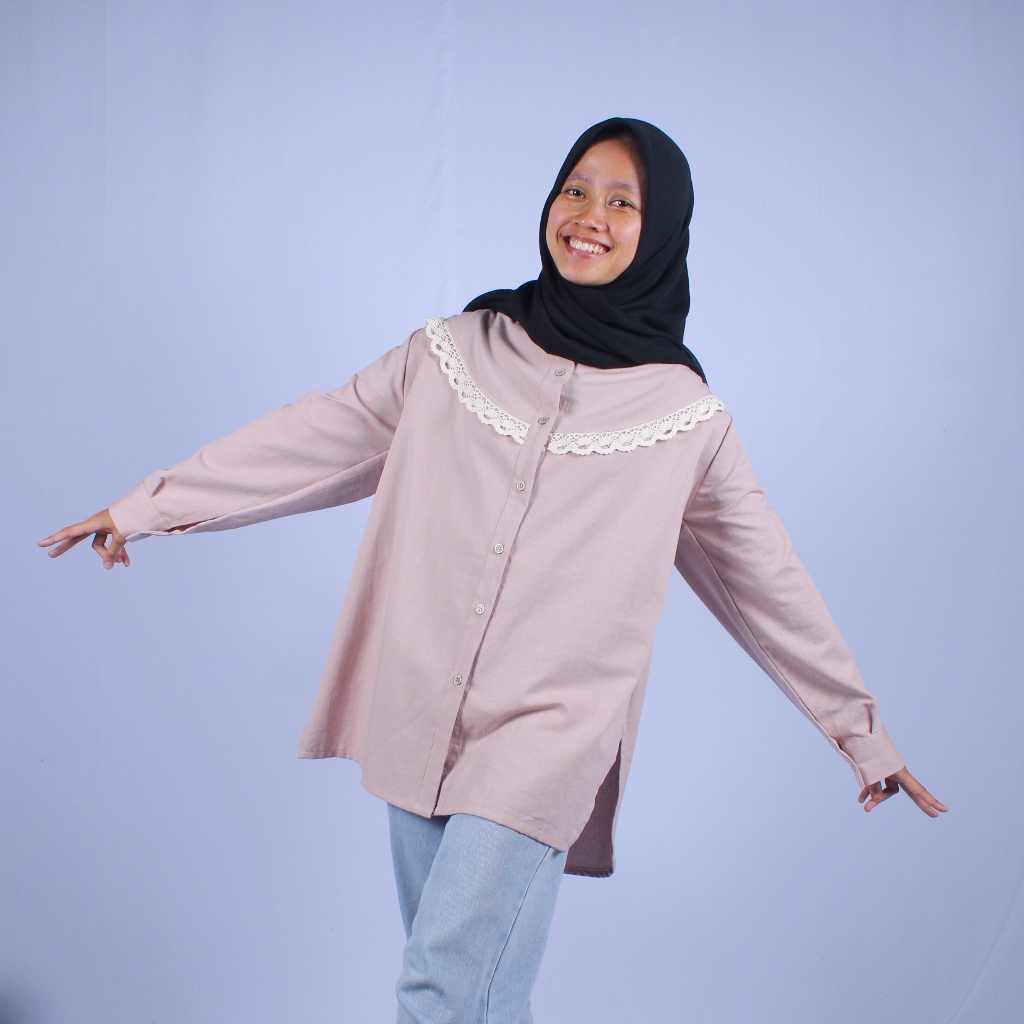 Kemeja Wanita Linen Narumi - Kemeja Blouse Oversize - Blouse Linen Soft Pink LD 120