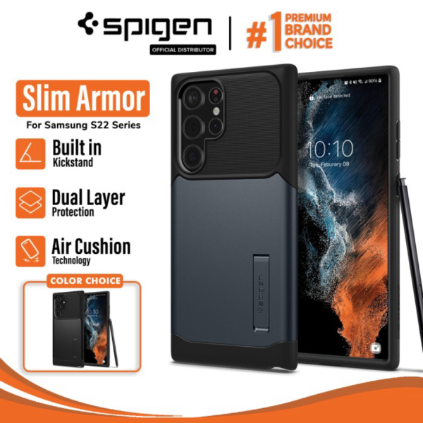 Dijual Case Samsung Galaxy S22 Ultra Plus Spigen Slim Armor Stand Casing - S22 Plus Metal Slate Limi