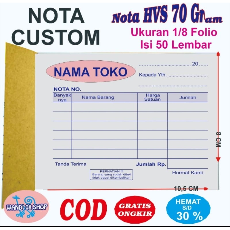 

nota kontan custom 1 ply HVS 70 gram ukuran MINI ( 10'5 x 8 cm ) isi 50 / buku .Minimal order 40 buku