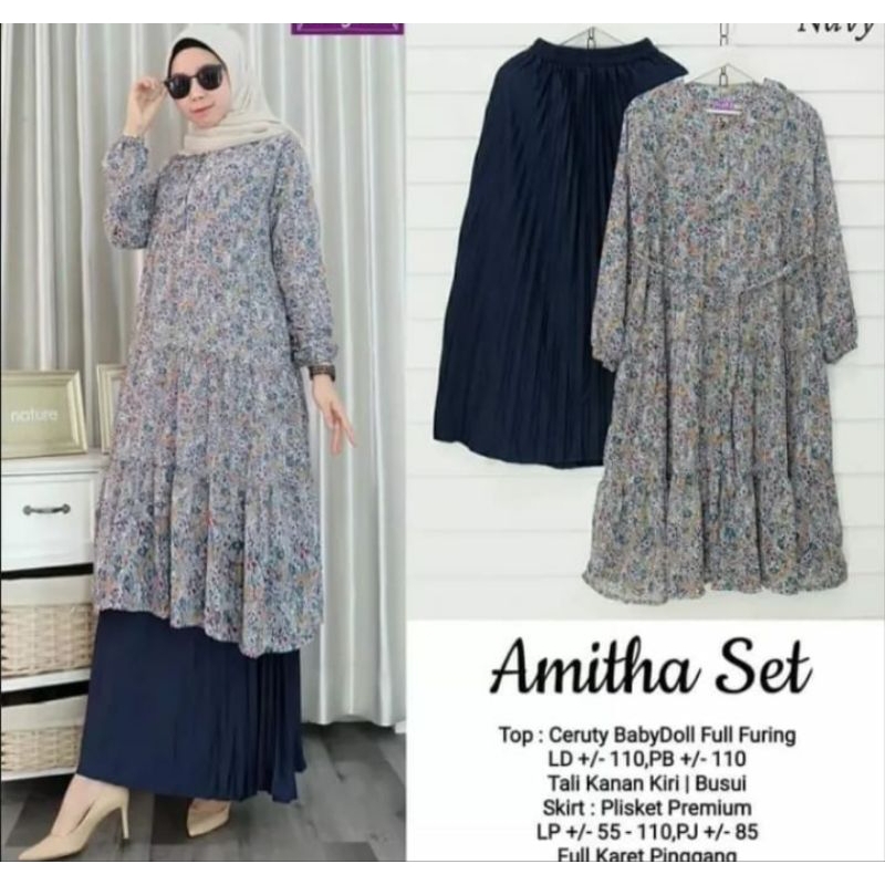 Set Rok Tunik Bunga Kecil Ceruty Adem Amitha Set Busui Friendly Terbaru