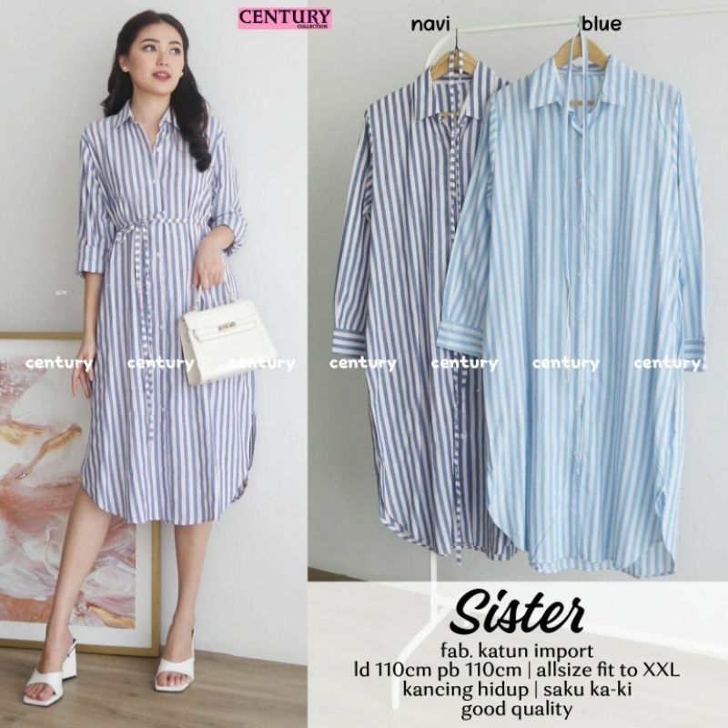 Sister Long Tunik Katun Import Motif Salur Garis Ld 110 Jumbo Fit XXL Busui Kancing By Century