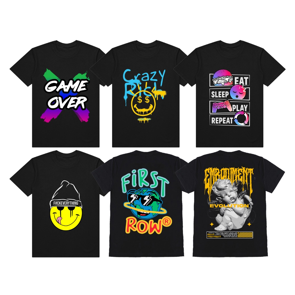 Kaos Distro Lengan Pendek Pria Wanita Unisex Game Over Crazy Rich Eat Sleep Play Repeat Senyum Smile