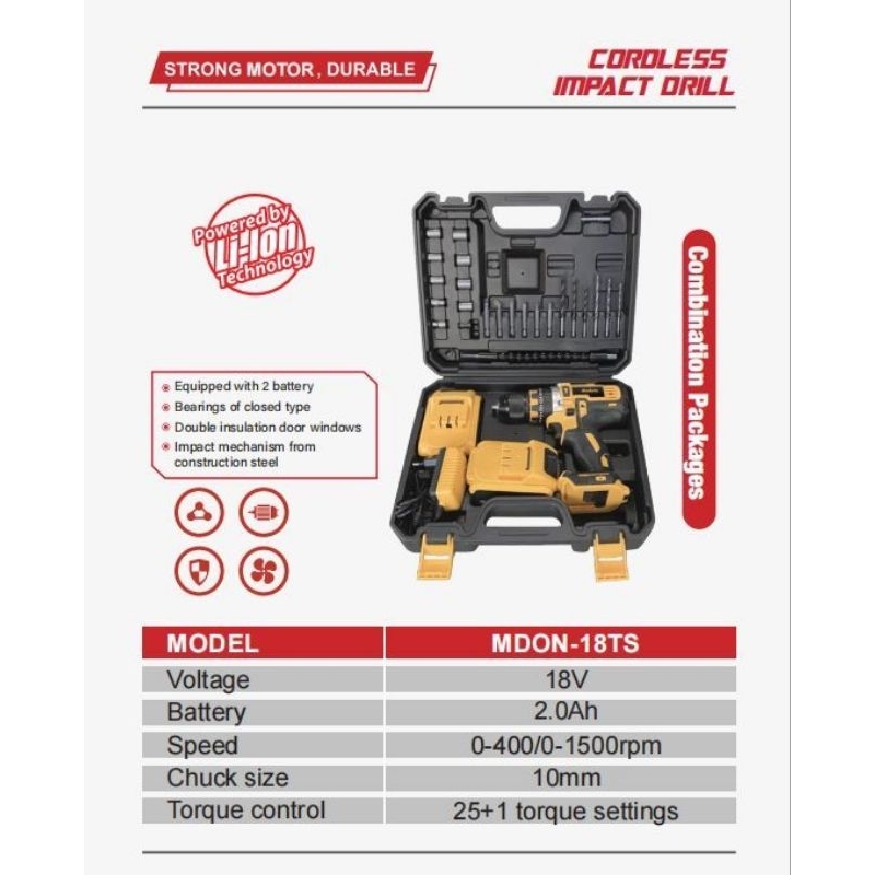 BOR CORDLESS MDON 18TS 18V / CORDLESS DRILL MDON 18TS / BOR TANGAN BATTERY MDON 18 TS