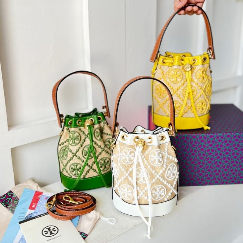 PROMO SALE Tas selempang serut TB Tory hijau putih kuning