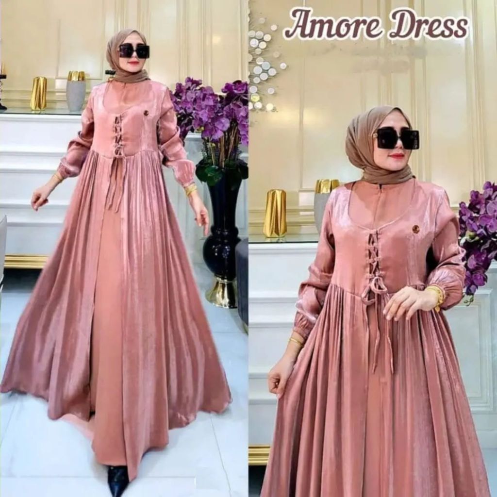 Amore Dress Gamis Shimmer Premium dress Kondangan Polos fashion wanita terbaru 2024