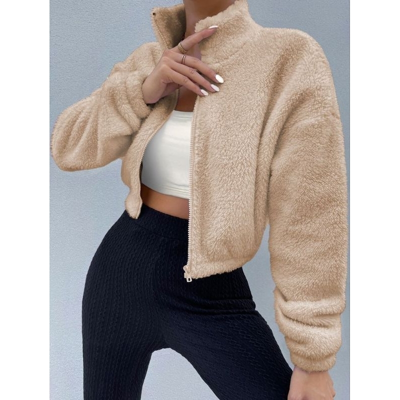 BESTPROMO JAKET SWEATER TEDDY BEAR SHERPA CROP UNIQLO CROP BULU WANITA