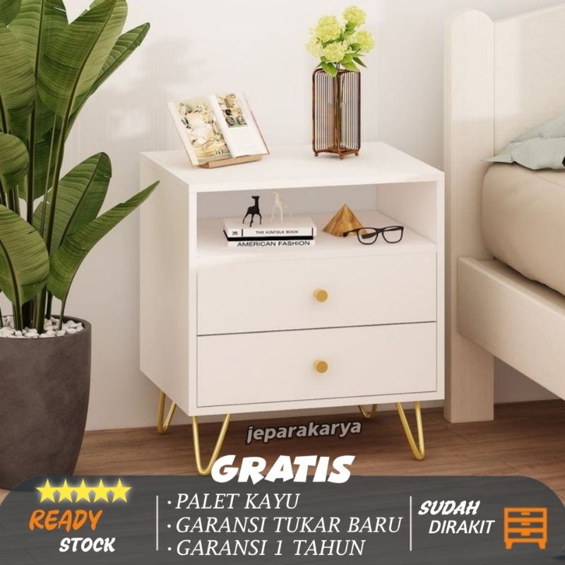 Meja Nakas Minimalis 2 Laci Kaki Besi (NL 22) Meja Kamar Tidur Meja Kosmetik