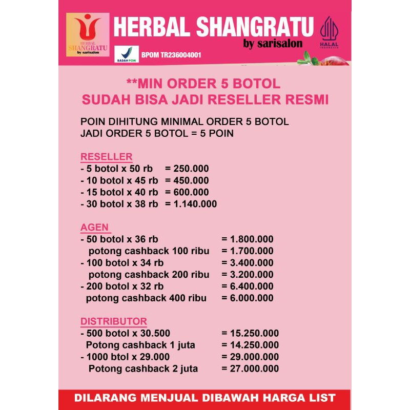 

Herbal shangratu PAKET USAHA 30 botol