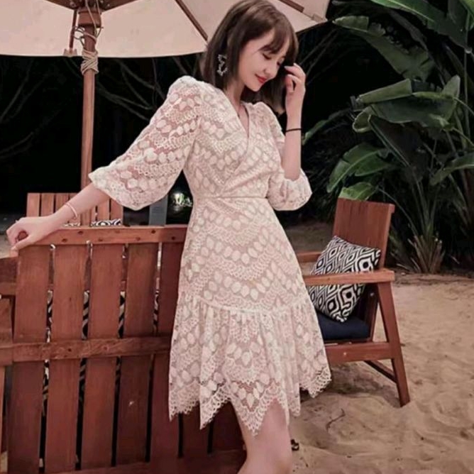 0965 Baju minidress MONICA LACE WRAP VNECK BROKAT MINI DRESS brukat dres Korea Korean style wanita p