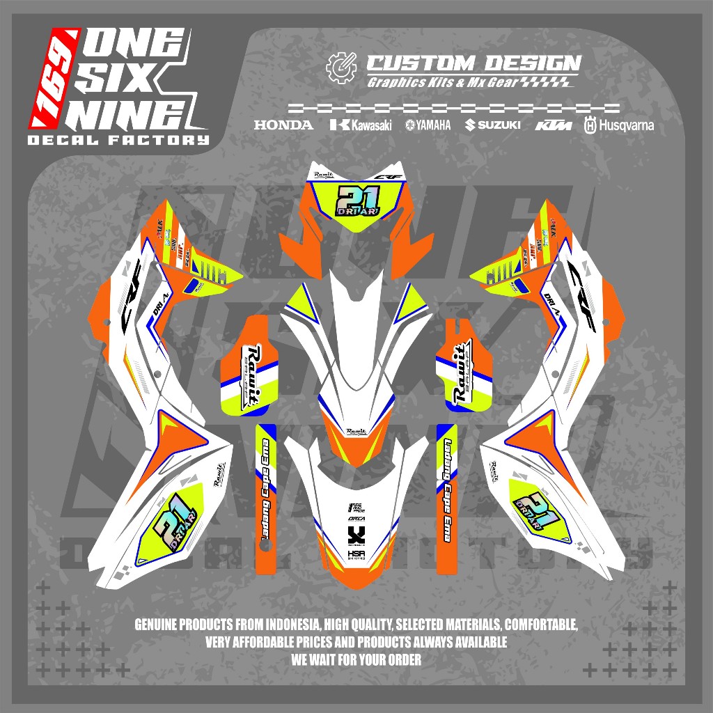 Decal Crf 150l Putih Kombinasi Orange Fluo - Free Custom Design