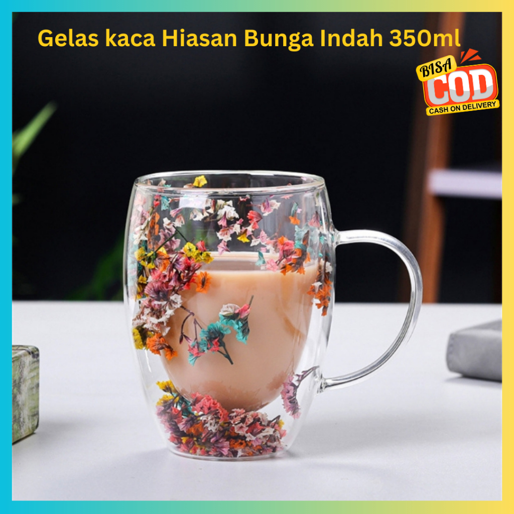 Gelas kaca Bunga - Bunga kecil Cantik didalamnya - 350ml