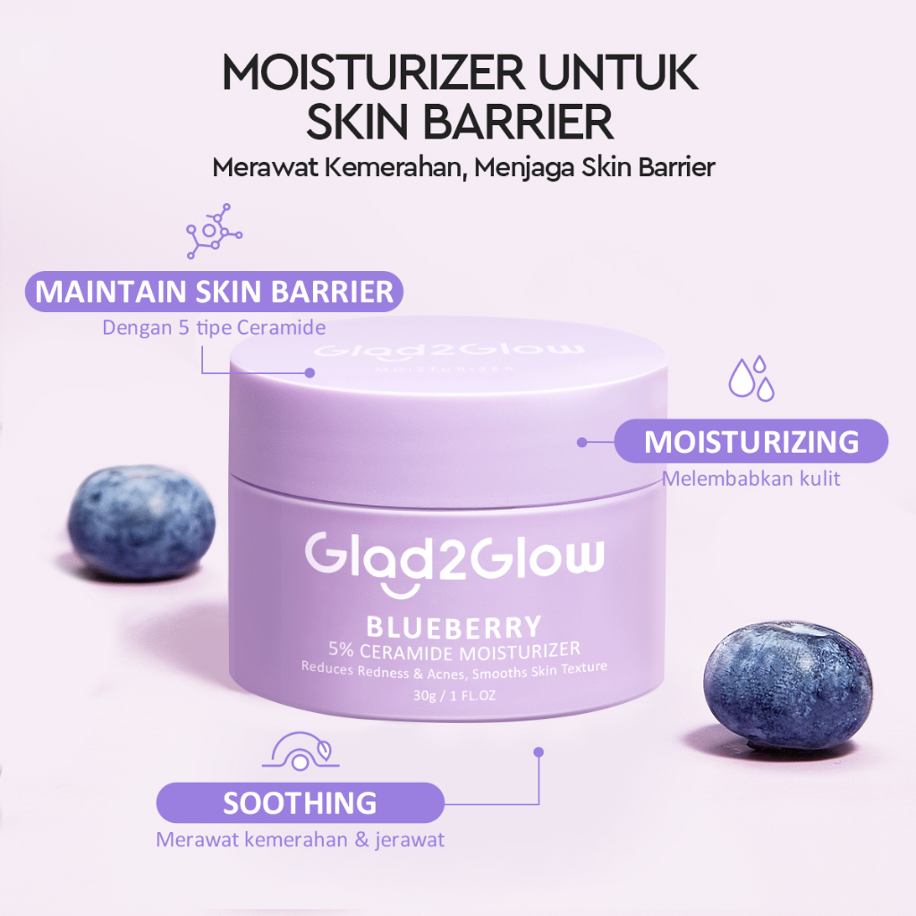 Glad2Glow 5% Blueberry Moisturizer Cream 5x Ceramide Skin Barrier Repair 30g