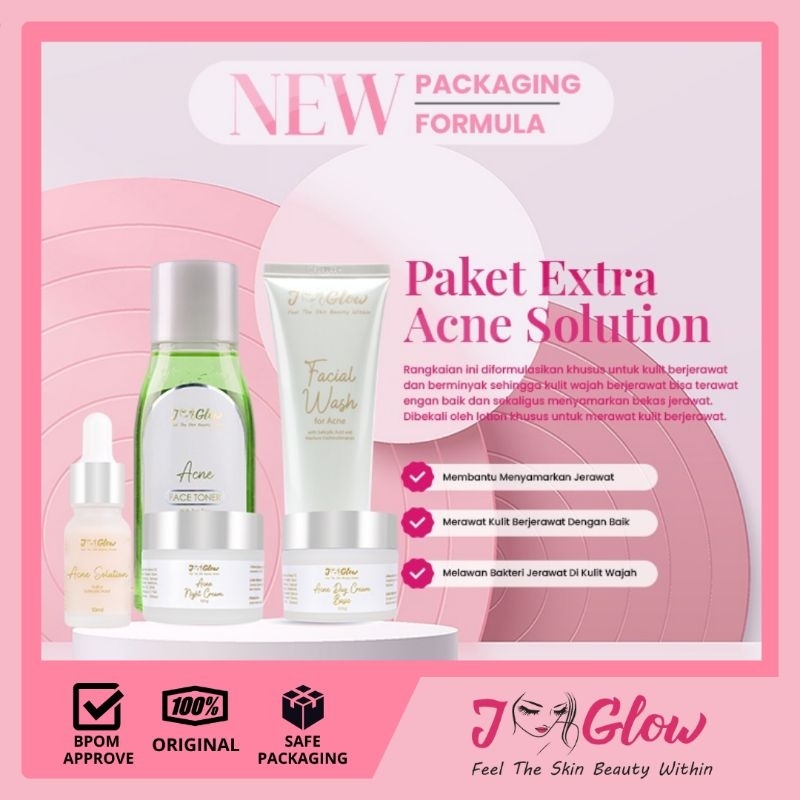 JGLOW - PAKET ACNE / ACNE SOLUTION SULFUR Whitening Cream Skin Glowing - 5pcs (Facial Wash + Toner +