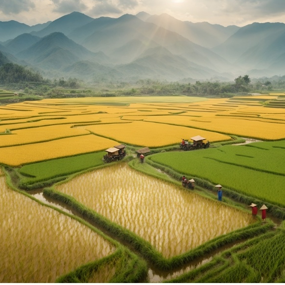 Lukisan Cat Minyak Pemandangan Sawah Indah yang Terhampar Luas dan Pegunungan yang Menakjubkan