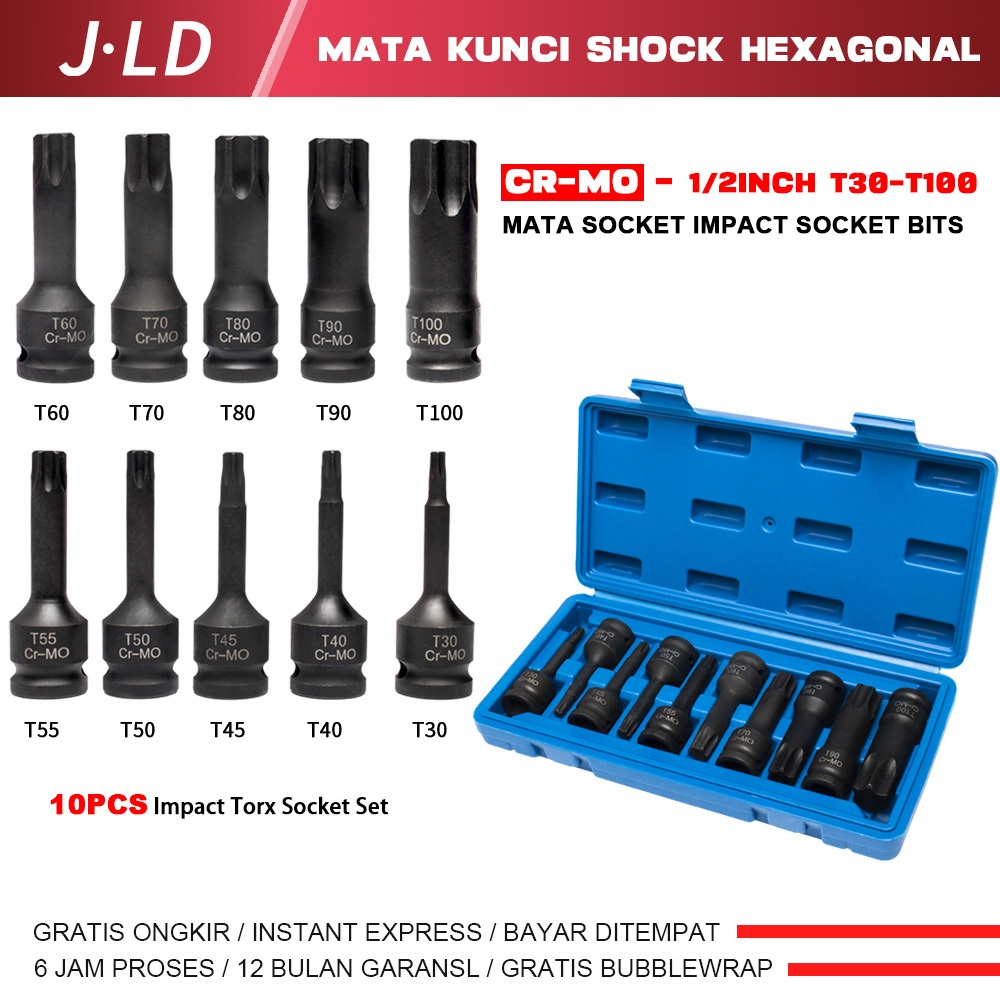 JLD 10PCS Mata Socket Impact Socket Bits 1/2Inch Driver Metric Torx Hex Socket T30-T100 Cr-Mo Steel,