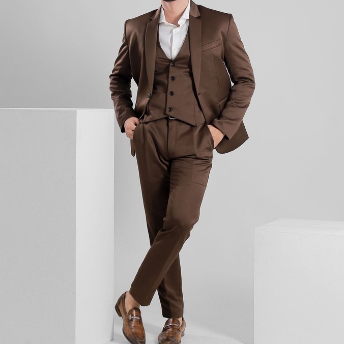 FUNNY 3 in 1 Set Jas Pria Tuxedo Warna Coklat Setelan Jas Pria Formal Jas Blazer Rompi Vest dan