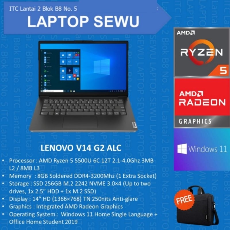 LENOVO V14 G2 ALC RYZEN 5 5500U 8GB 256GB SSD W11 BARU