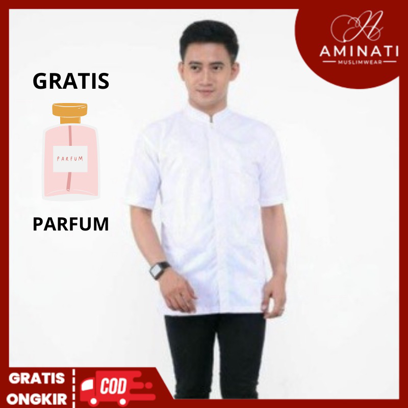 Baju Koko Habaib Putih Polos Lengan Tangan Pendek Fashion Muslim Pria Kekinian