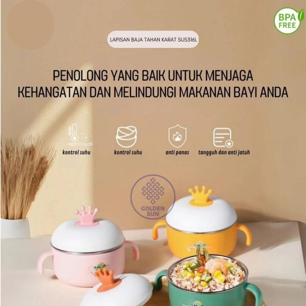 Mangkok Makan Bayi Stainless Mahkota + Tutup / Mangkok Mpasi / Mangkok Bayi / Temlat Makan Bayi / Te