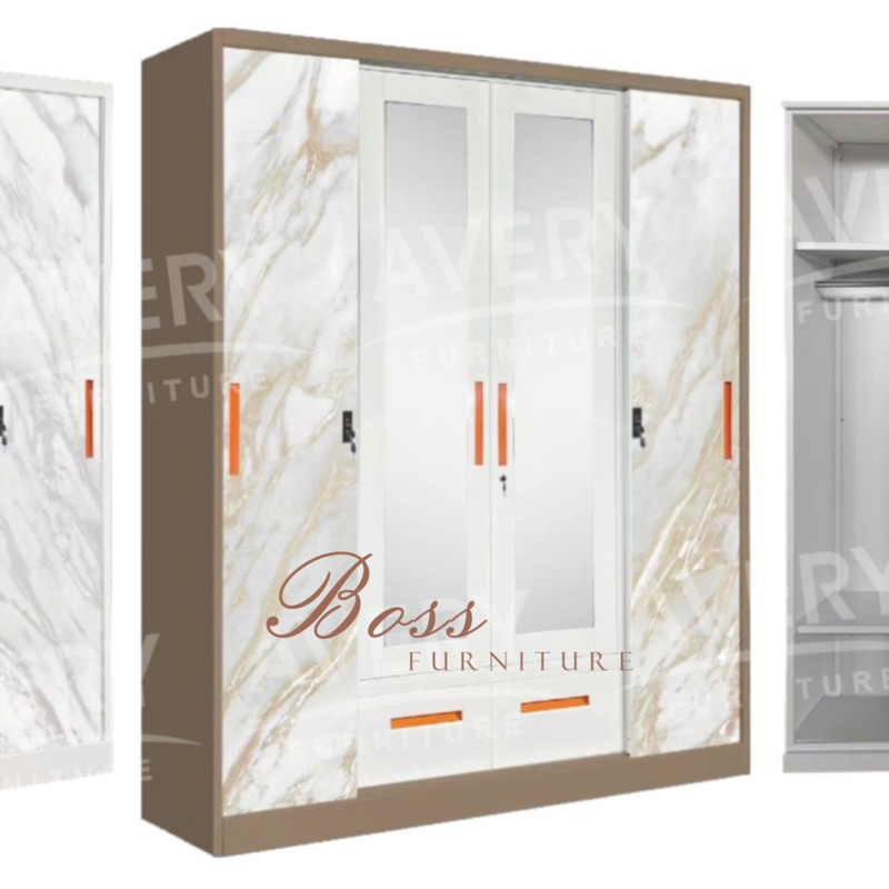 Lemari Pakaian Besi Impor Stainless Sliding 4 Pintu Cermin