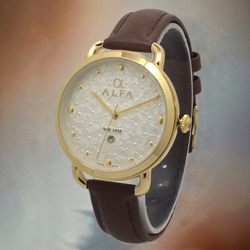ALFA Jam Tangan Wanita Kulit Asli Series 38009 Original Garansi free kotak [GOLD]