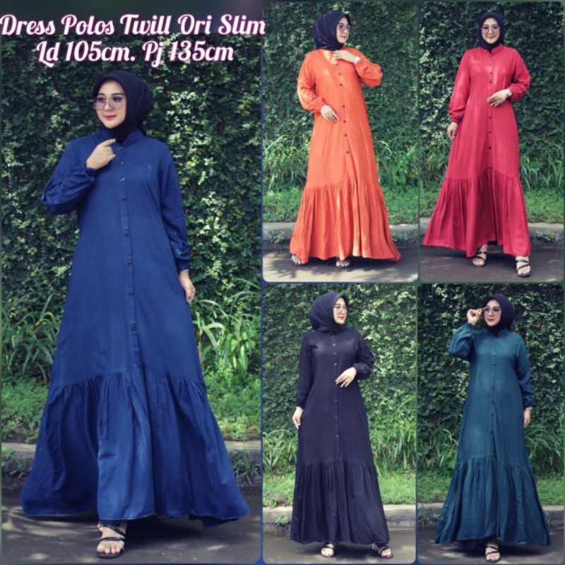 Gamis Twill ory polos kancing rempel bawah