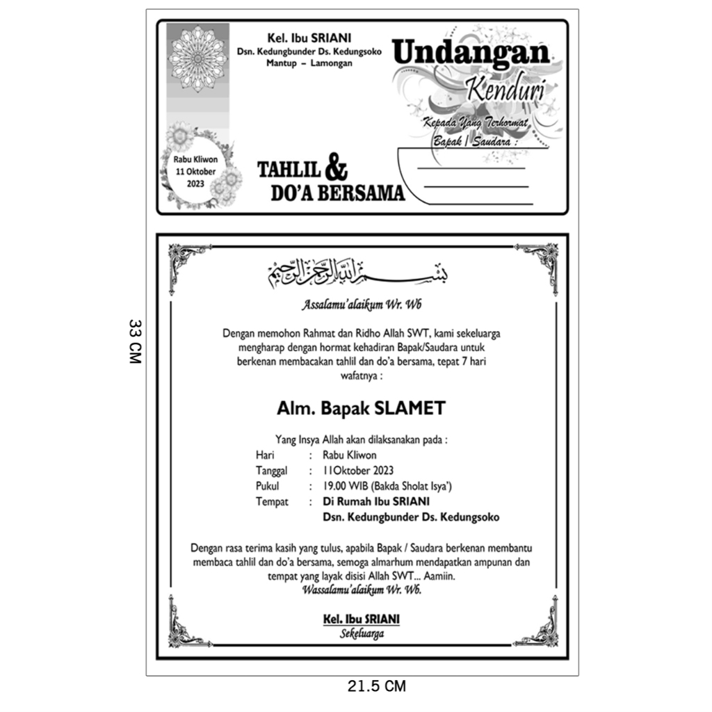 FOTOCOPY UNDANGAN KENDURI HAUL / WAFAT / TASYAKURAN / AQIQAH / KHITAN / HAMLI / NIKAH