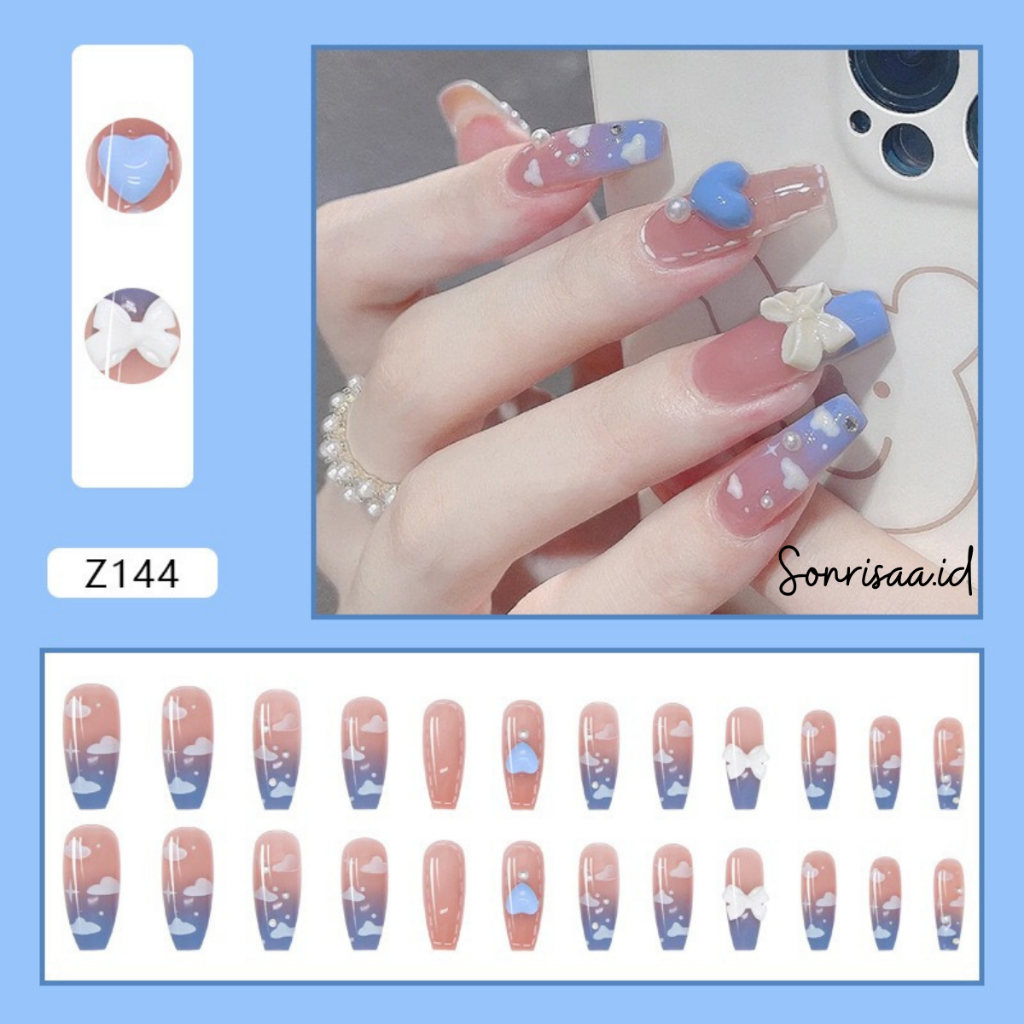 Kuku Palsu 3D Biru Pink Pita Love 24pcs (Z144) / Fake Nail / Kuku Palsu Pengantin / Kuku Palsu Weddi