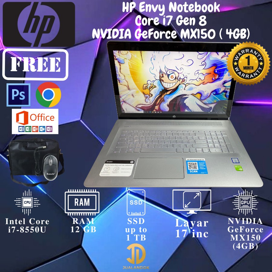 HP Envy Notebook Core i7 Gen 8 - RAM 12GB - SSD 256GB - NVIDIA MX 150 ( 4GB )