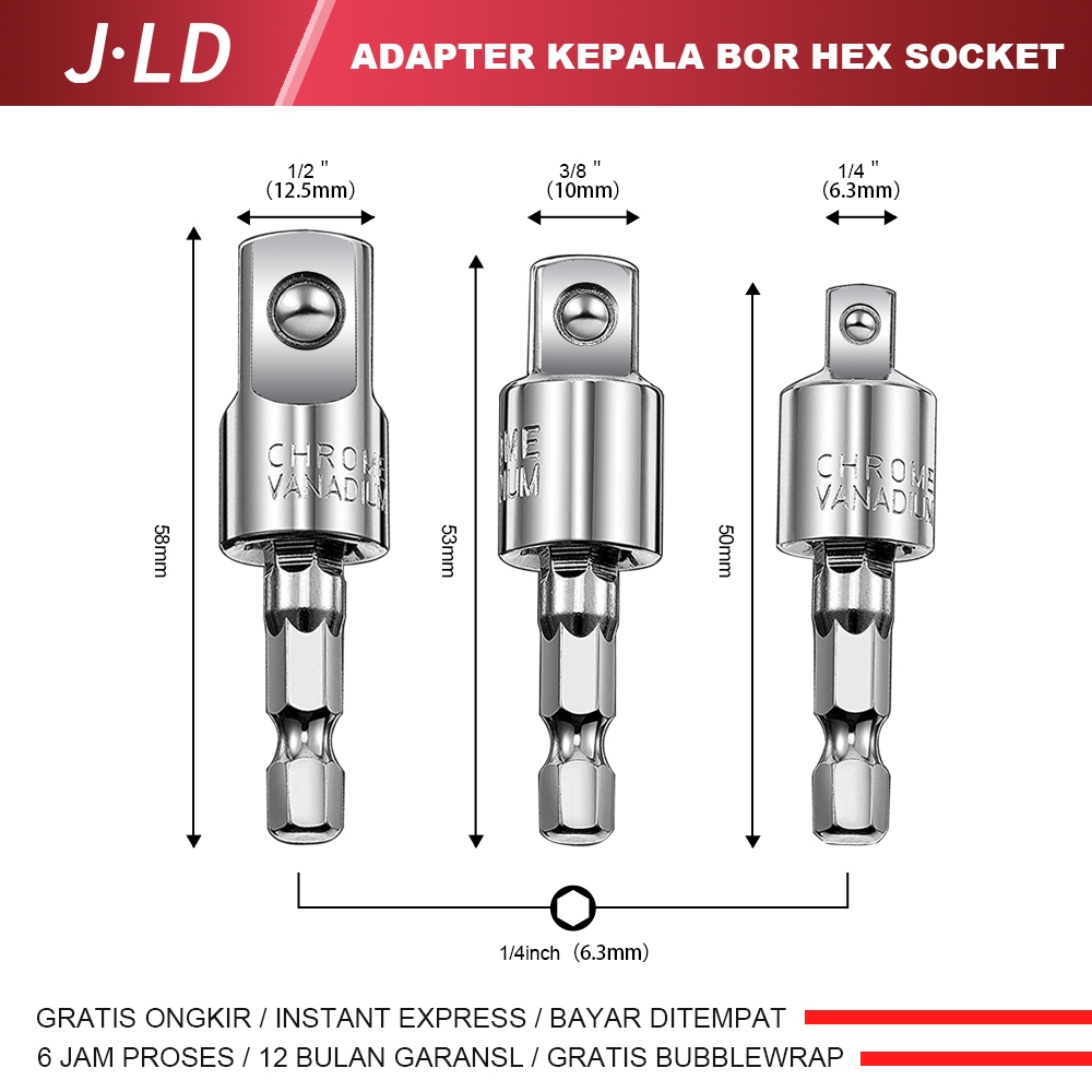 JLD 3pcs Adapter Kepala Bor Hex Socket 1/2,3/8,1/4inch 360 Degree Rotating Sleeve Connecting Rods Im