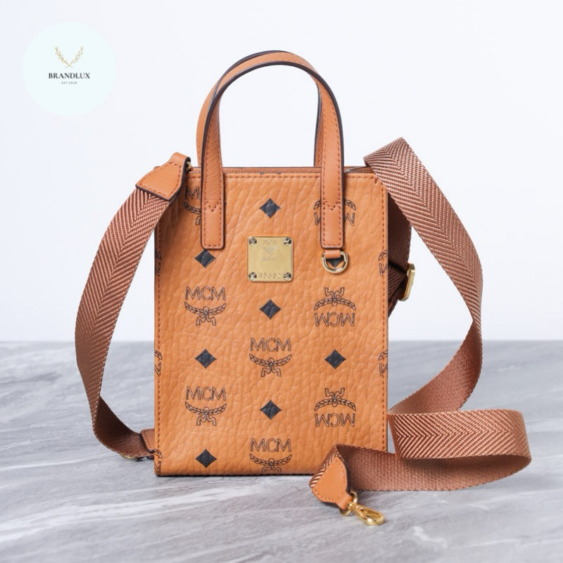 MCM X-Mini Aren Tote Bag in Cognac Visetos Leather
