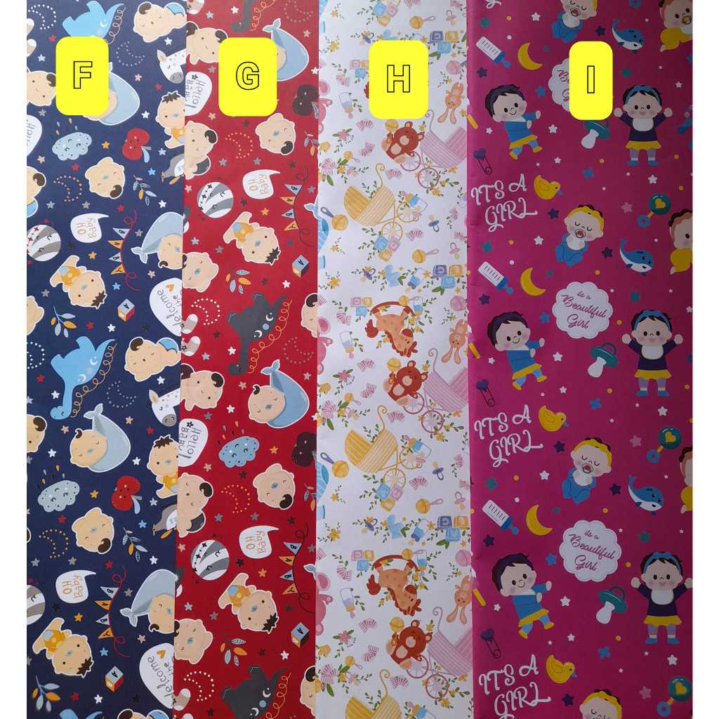 

Kertas Kado Ulang Tahun Anak Cowok Cewek Impor motif Baby, Karakter ukuran 50 x 65cm Sansan Wawa