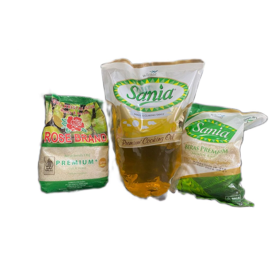 

paket sembako ( Minyak Goreng Sania 2L + Gula Rose Brand 1Kg + beras Sania 1Kg)