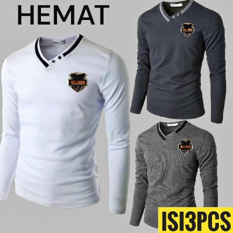 Kaos isi 3 / kaos leher v neck lengan panjang / kaos leher v / kaos hitam/ kaos putih / kaos merah /