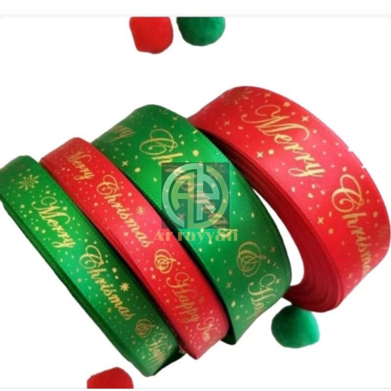 

( 1 roll ) PITA SATIN NATAL MERRY CHRISTMAS HAPPY NEW YEAR UKURAN 1 INCH 1/2 INCH PITA HIASAN NATAL